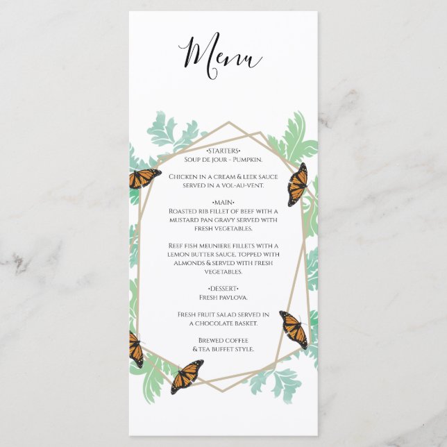 Elegante Monarch Butterfly Wedding Menükarte (Vorderseite)