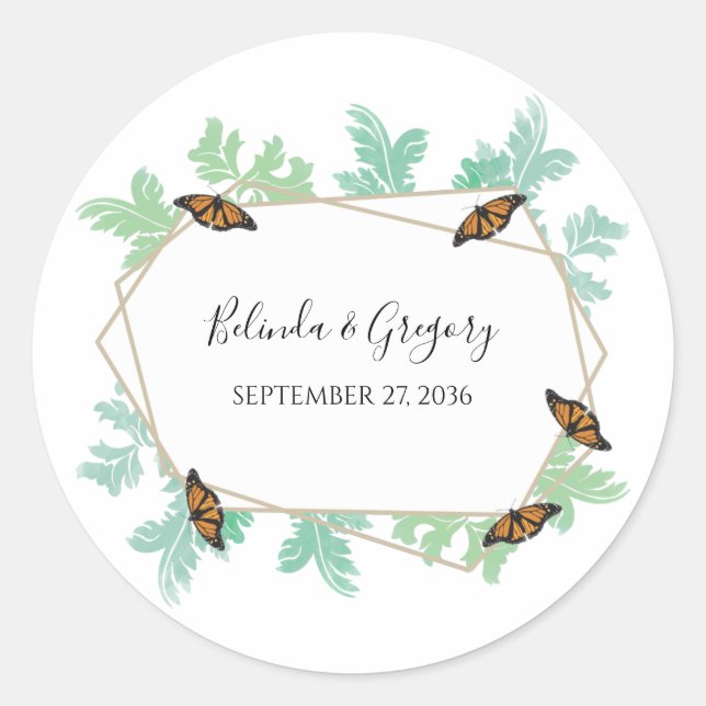 Elegante Monarch Butterfly Wedding Runder Aufkleber (Vorderseite)