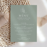 Elegante Mond and Stars Sage Green Wedding Menükarte<br><div class="desc">Dieses Hochzeitsmenü wurde für die Abstimmung mit unserer Hochzeitskollektion Eleganter Botanischer Mond und Sterne konzipiert und zeigt eine Kunstdarstellung eines Mondes mit Sternen und Blattwerk-Set vor einem schludrigen grünen Hintergrund. Persönlich gestaltet sich das Salbeigrün-Mond-Hochzeitsmenü mit Ihren Namen,  dem Hochzeitstag und den kuratierten Menüangeboten.</div>