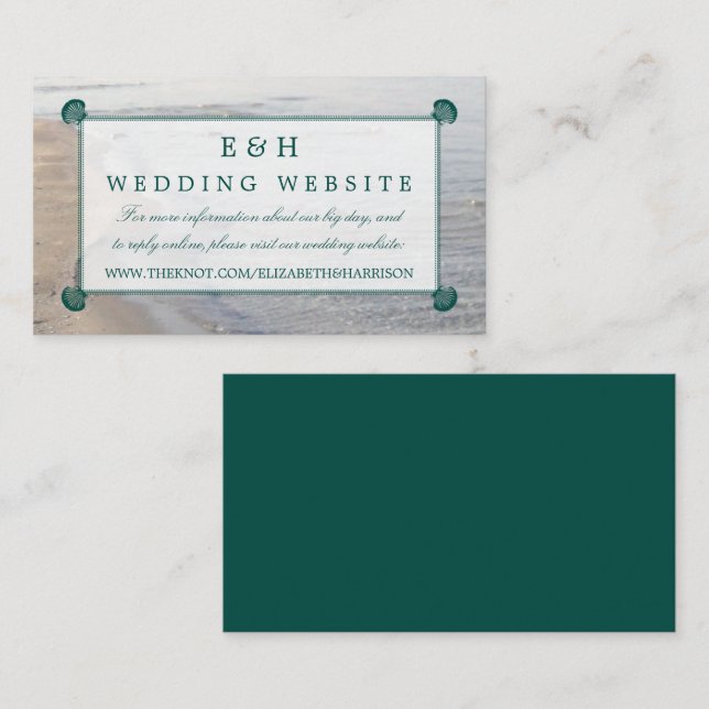 Elegante Mongram & Aquamarin Scallop Beach Hochzei Begleitkarte (Vorne/Hinten)