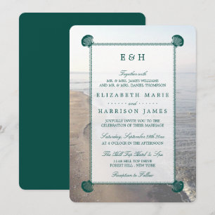 Elegante Mongram & Aquamarin Scallop Beach Hochzei Einladung
