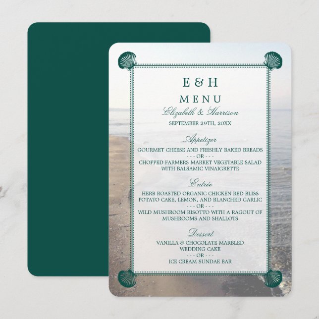 Elegante Mongram & Aquamarin Scallop Beach Hochzei Menükarte (Vorne/Hinten)