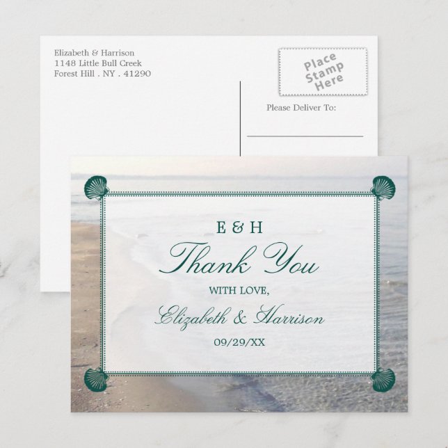 Elegante Mongram & Aquamarin Scallop Beach Hochzei Postkarte (Vorne/Hinten)