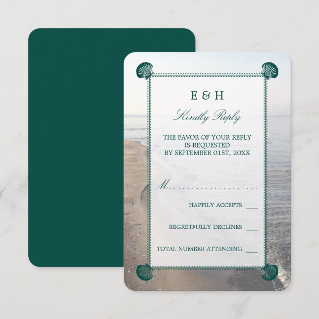Elegante Mongram & Aquamarin Scallop Beach Hochzei RSVP Karte (Vorne/Hinten)