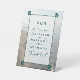 Elegante Mongram & Aquamarin Scallop Beach Hochzei Sockelschild