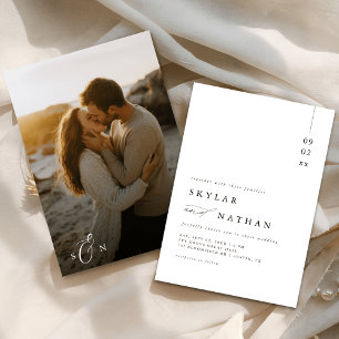 Elegante Mongram Beach Sunset Foto Hochzeit Einladung