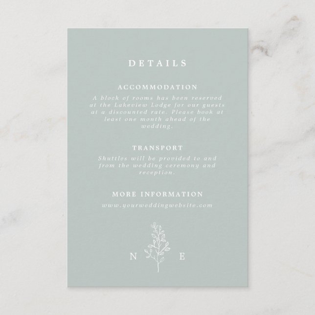 Elegante Mongram Leaf Sage Green Wedding Details Begleitkarte (Vorderseite)