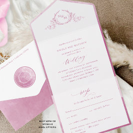 Elegante Mongram Mauve und Pink Watercolor Wedding All In One Einladung