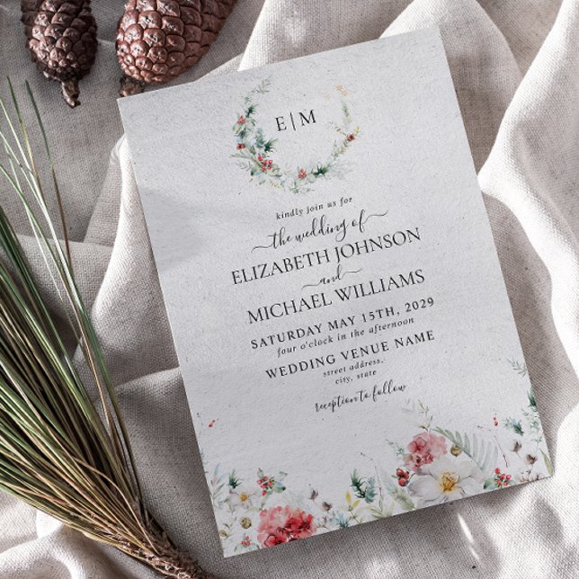 Elegante Mongram Watercolor Floral Winter Wedding Einladung (Winter Wedding Invitation)