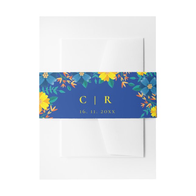 Elegante Mongram Yellow and Blue Floral Wedding Einladungsbanderole (Vorderseite Beispiel)