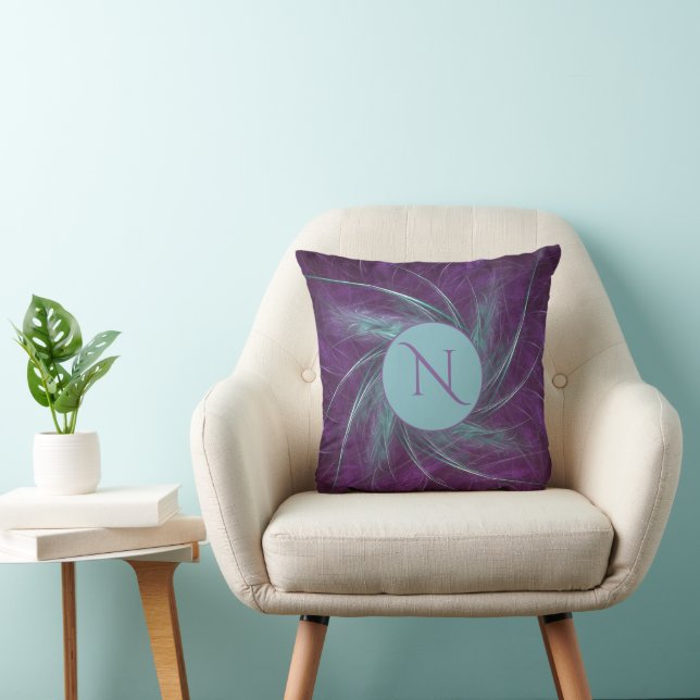 Elegante Monogram Abstrakt Spiral Lila Aquamarin Kissen (Stuhl )
