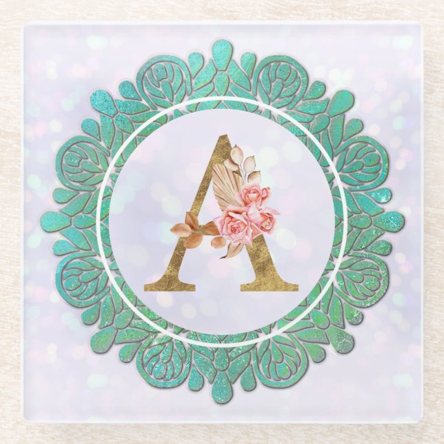 Elegante Monogram Anfangsbuchstaben mit Mandala Glasuntersetzer (Vorderseite)