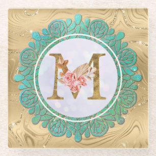Elegante Monogram Anfangsbuchstaben mit Mandala Glasuntersetzer
