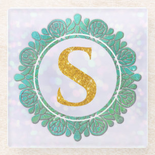 Elegante Monogram Anfangsbuchstaben mit Mandala Glasuntersetzer