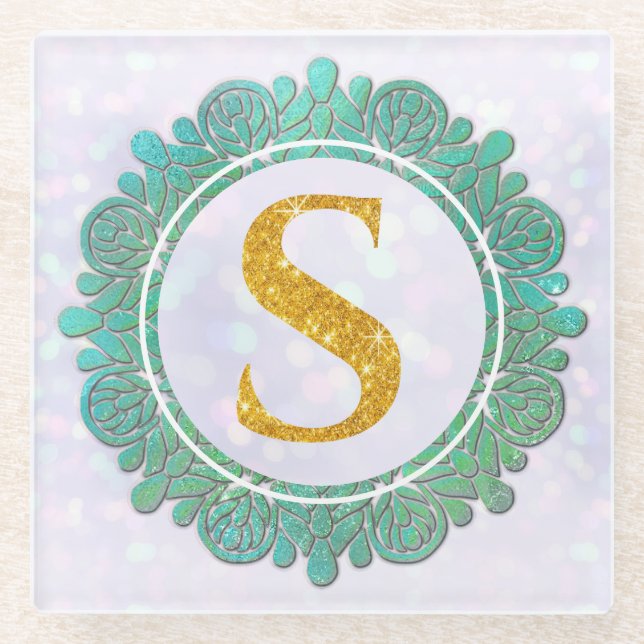 Elegante Monogram Anfangsbuchstaben mit Mandala Glasuntersetzer (Vorderseite)