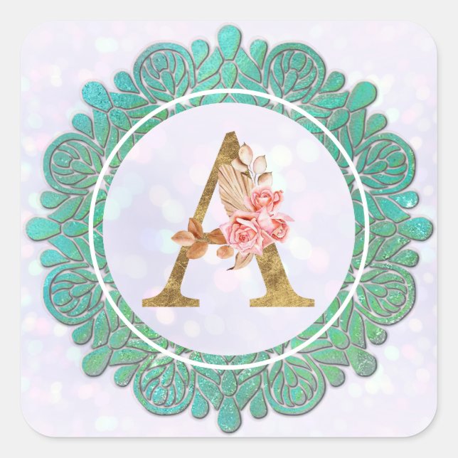 Elegante Monogram Anfangsbuchstaben mit Mandala Quadratischer Aufkleber (Vorderseite)