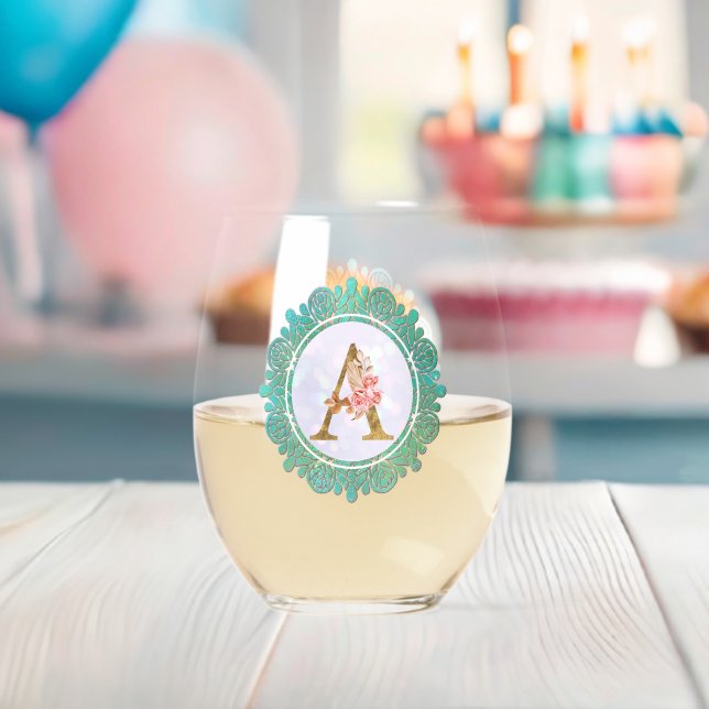Elegante Monogram Anfangsbuchstaben mit Mandala Weinglas Ohne Stiel (Insitu (Baby Party))
