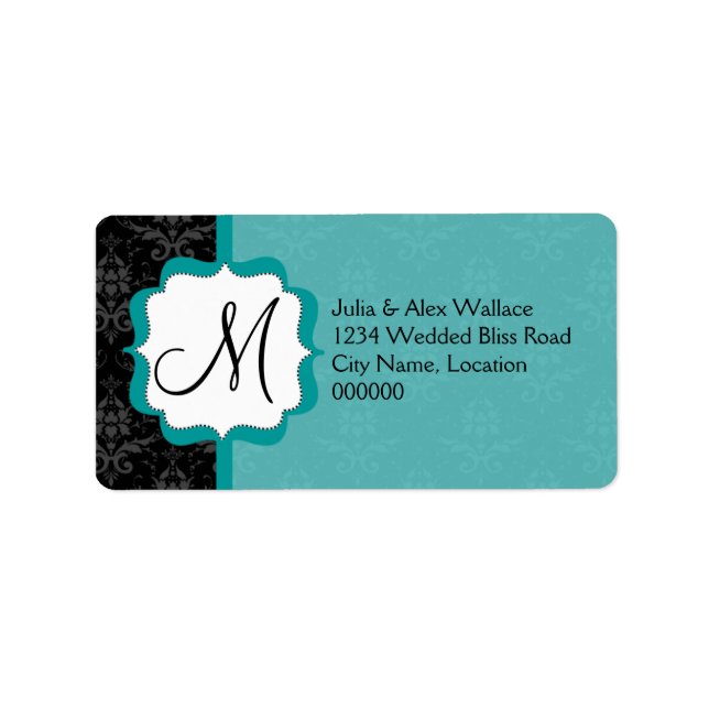 Elegante Monogram Aquamarin Damask Adressaufkleber (Vorne)