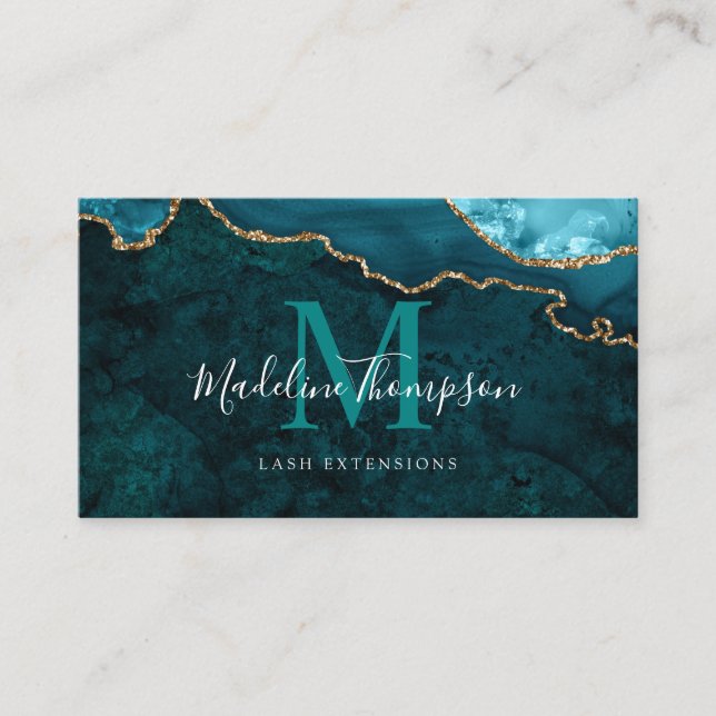 Elegante Monogram Aquamarin Green Marble Agate Geo Visitenkarte (Vorderseite)