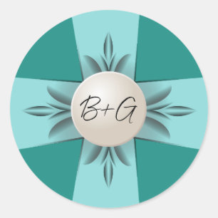 Elegante Monogram Aquamarin Pearl Ribbon Wedding Runder Aufkleber