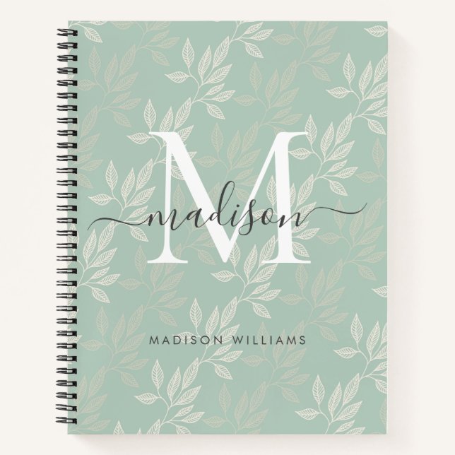 Elegante Monogram Aquamarine botanische Blätter Gi Notizbuch (Vorderseite)