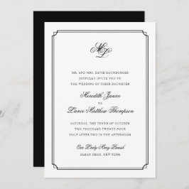 Elegante Monogram Black and White Script Wedding Einladung