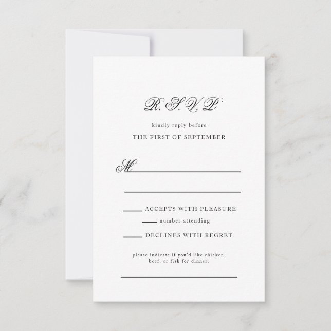 Elegante Monogram Black and White Script Wedding RSVP Karte (Vorderseite)