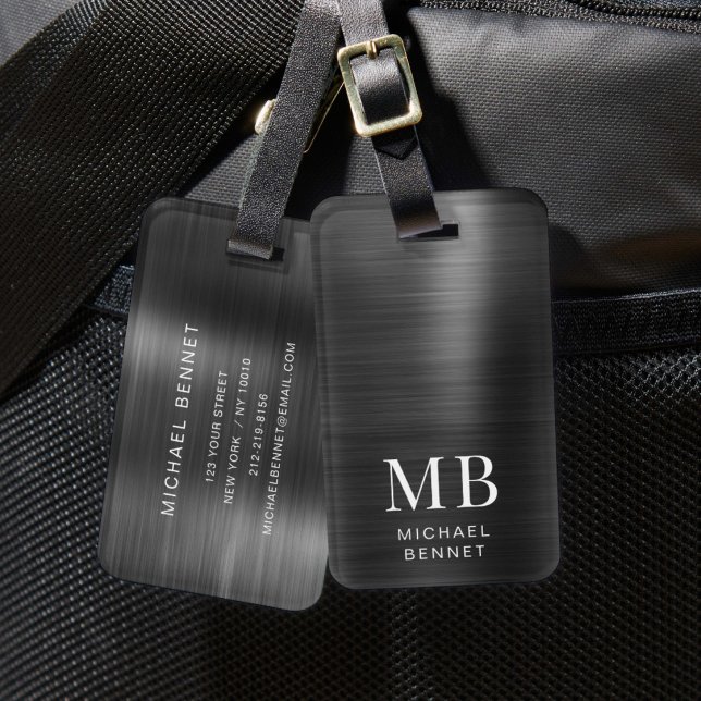 Elegante Monogram Black Brushed Metallic Gepäckanhänger (Elegant Monogram Black Brushed Metallic Luggage Tag)