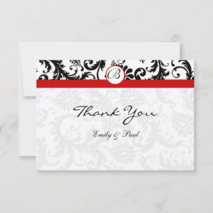 Elegante Monogram Black Damask Red Trim Wedding Mitteilungskarte