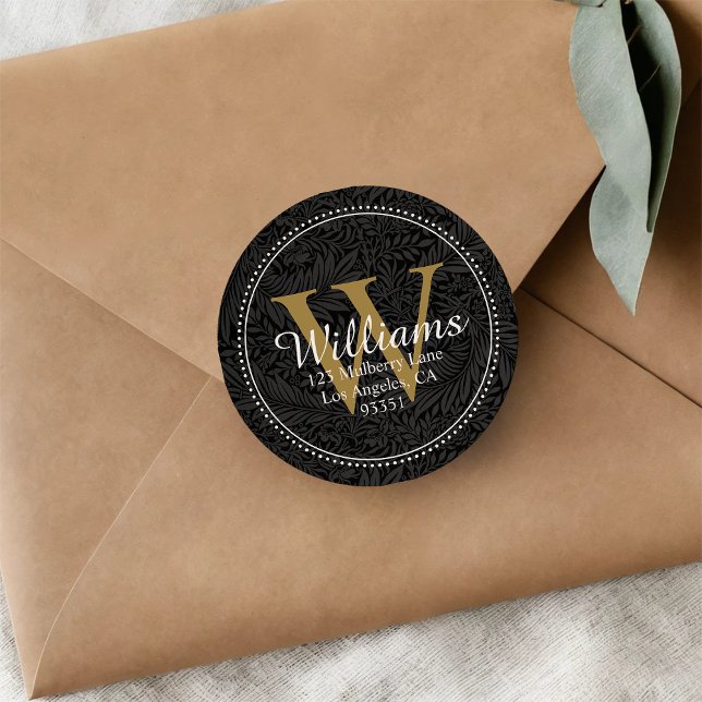 Elegante Monogram Black Gold Floral Rücksendeadres Runder Aufkleber (Von Creator hochgeladen)