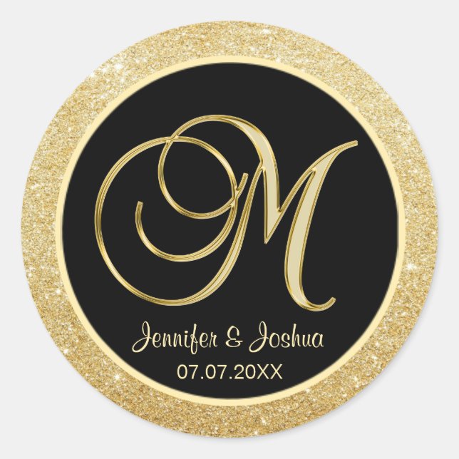 Elegante Monogram Black Gold Glitzer Wedding Siege Runder Aufkleber (Vorderseite)