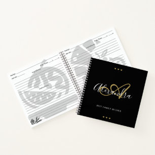 Elegante Monogram Black Gold Script Name Rezept Notizbuch