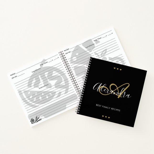 Elegante Monogram Black Gold Script Name Rezept Notizbuch (Innenseite)