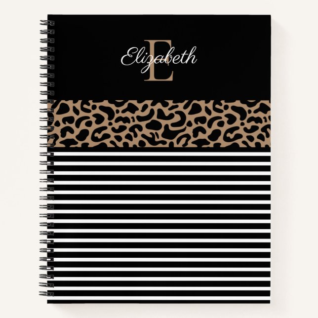 Elegante Monogram Black Leopard Animal Print Notizbuch (Vorderseite)