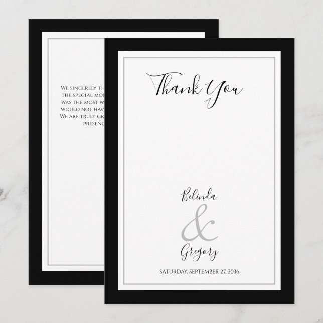 Elegante Monogram Black & White Wedding Dankeskarte (Vorne/Hinten)