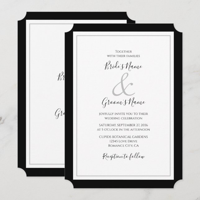 Elegante Monogram Black & White Wedding Einladung (Vorne/Hinten)