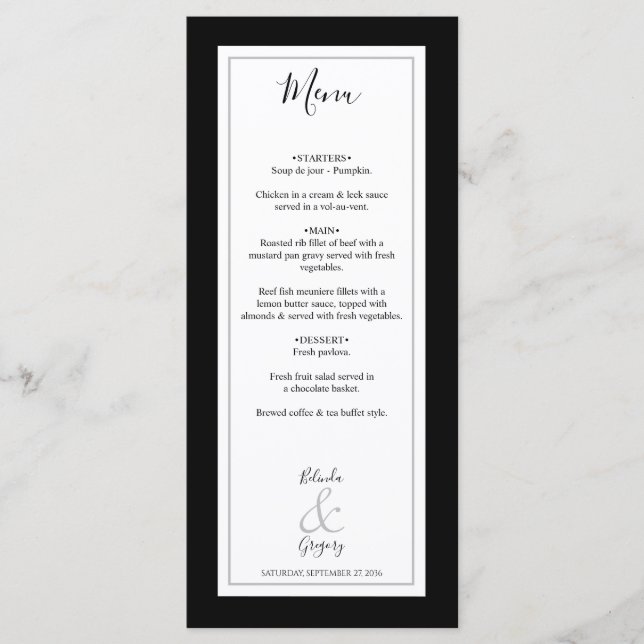 Elegante Monogram Black & White Wedding Menükarte (Vorderseite)
