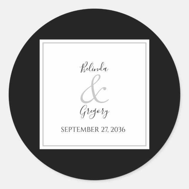 Elegante Monogram Black & White Wedding Runder Aufkleber (Vorderseite)