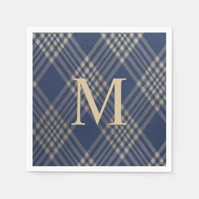 Elegante Monogram Blue and Tan Kariert Serviette (Vorderseite)
