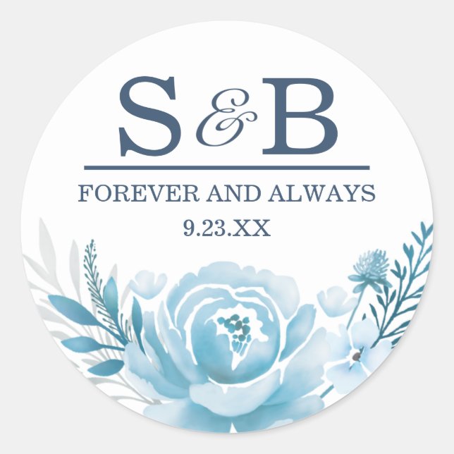 Elegante Monogram Blue Floral Wedding Runder Aufkleber (Vorderseite)