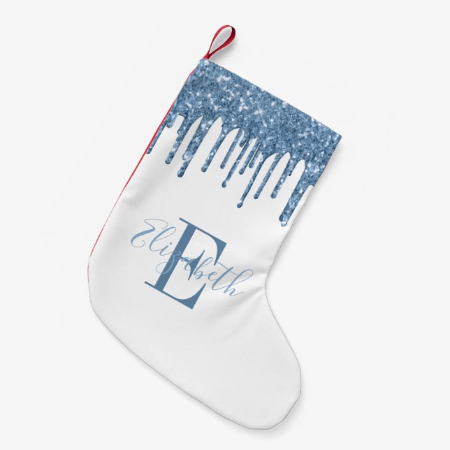 Elegante Monogram Blue Glitzer Tropfen Kleiner Weihnachtsstrumpf (Vorderansicht (hängend))