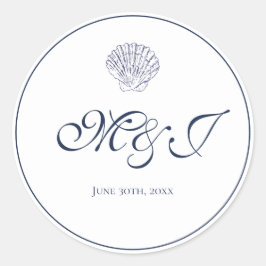 Elegante Monogram Blue Muschel Wedding Runder Aufkleber