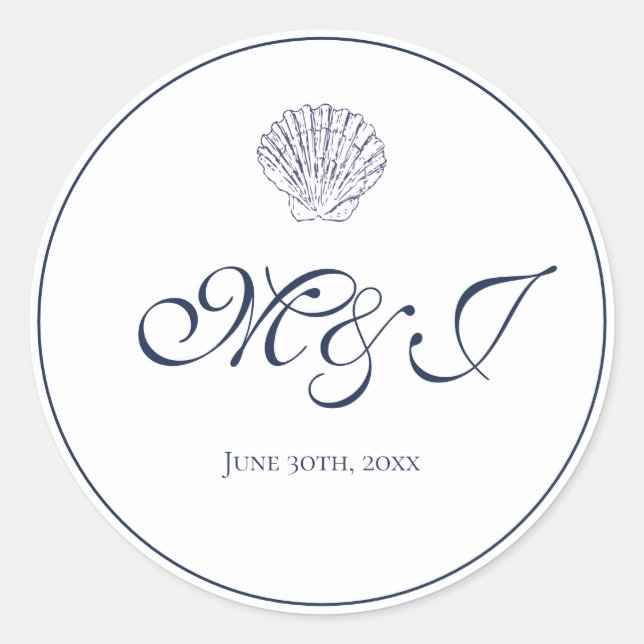 Elegante Monogram Blue Muschel Wedding Runder Aufkleber (Vorderseite)