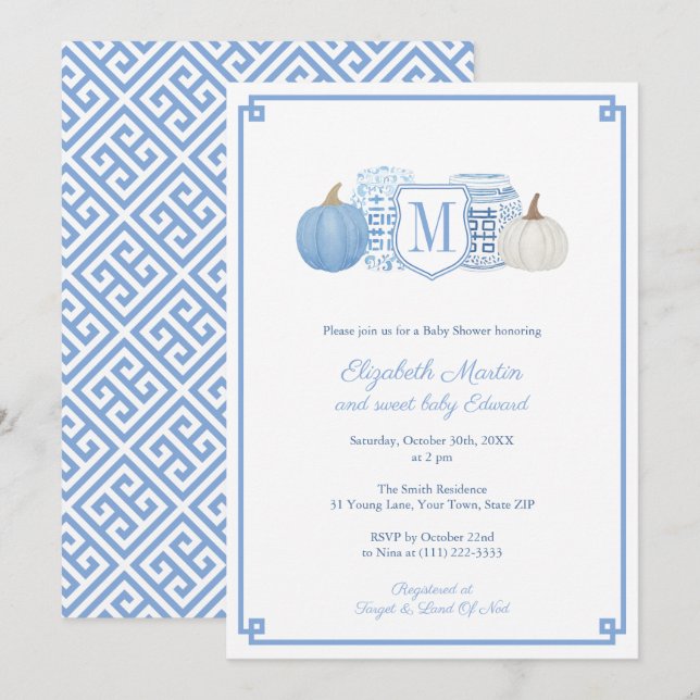 Elegante Monogram Blue & White Pumpkins Baby Showe Einladung (Vorne/Hinten)