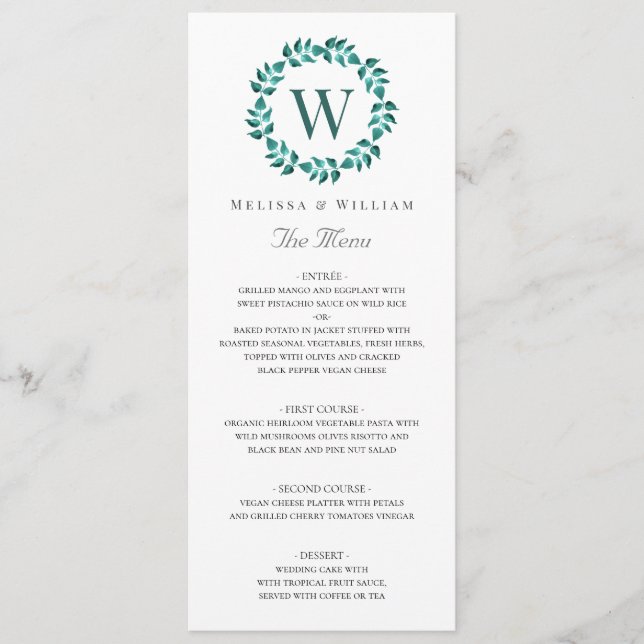 Elegante Monogram Botanical Green Aquamarin Weddin Menükarte (Vorderseite)
