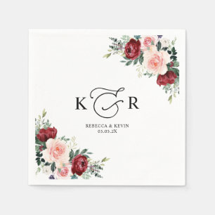 Elegante Monogram Burgundy Blush Floral Serviette