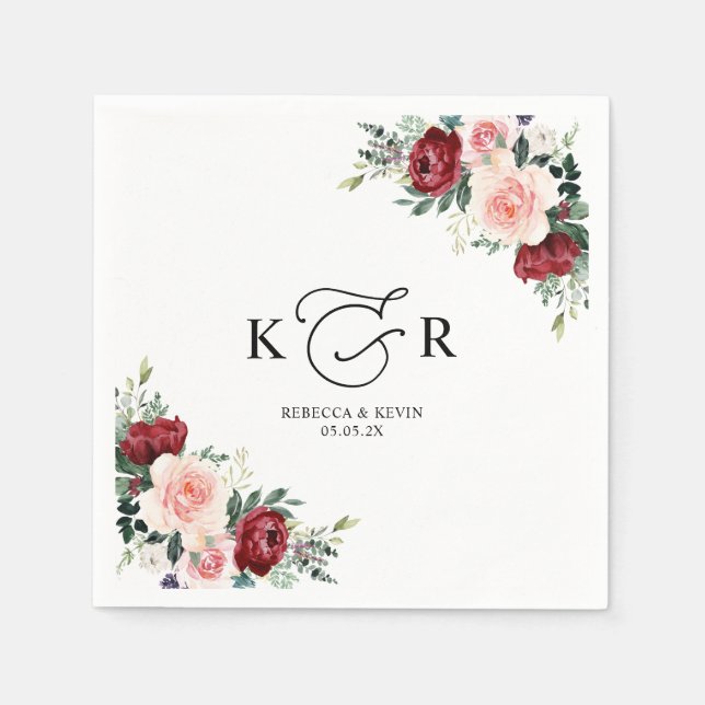 Elegante Monogram Burgundy Blush Floral Serviette (Vorderseite)