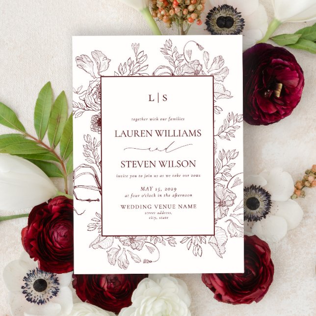 Elegante Monogram Burgundy Floral Line Art Wedding Einladung (Von Creator hochgeladen)