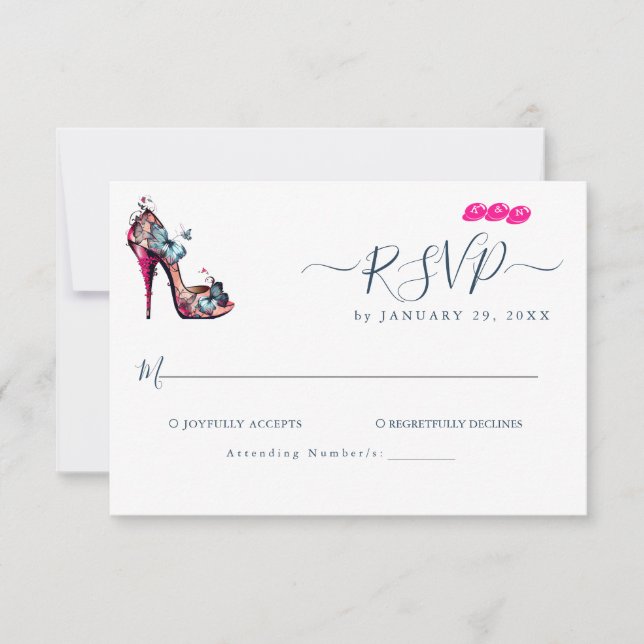 Elegante Monogram Butterfly-Heeling-Shoe-Hochzeit RSVP Karte (Vorderseite)