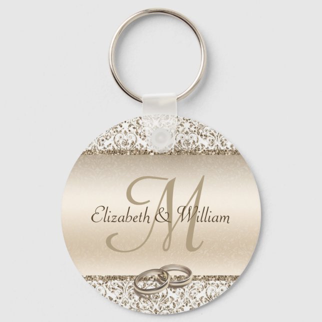 Elegante Monogram Champagne-Gastgeschenk Hochzeit Schlüsselanhänger (Vorderseite)